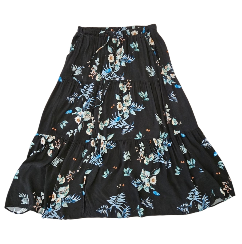 Vintage Karen Kane Black Tropical Floral Print Elastic Tie Waist Maxi Skirt M